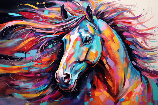 Colorful painting in multi colors of a horse.  Modern art. Colorful artistic horse painting, ai generative