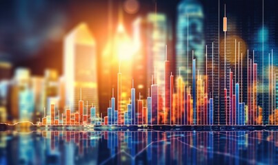 Financial stock market graph and candlestick chart on abstract background. Double exposure
