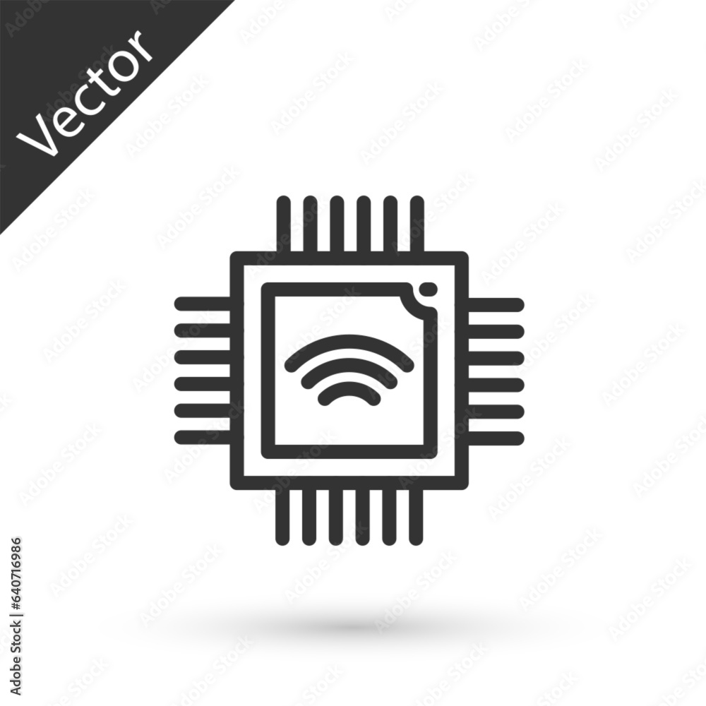 Poster grey line computer processor with microcircuits cpu icon isolated on white background. chip or cpu w