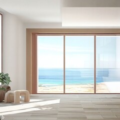 Beautiful Clean Natural Interior Design Minimalist Contemporary Interior Home Living Room with Seaside Ocean View Seen out the Background Windows Blue Sky Sea Sand Beach Summer Freshness Travel Season