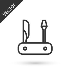 Grey line Swiss army knife icon isolated on white background. Multi-tool, multipurpose penknife. Multifunctional tool. Vector