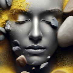 Woman Face with Pebbles and Illuminating Yellow Dust · Beauty in Zen State of Mind Concept Art