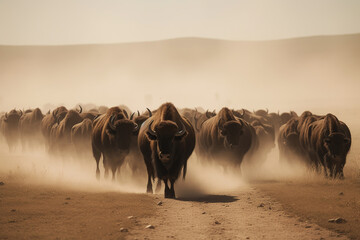 A herd of buffalos running at desert area. Generative AI. - obrazy, fototapety, plakaty