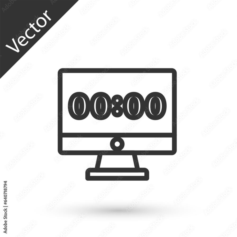 Poster grey line clock on computer monitor screen icon isolated on white background. schedule concepts. vec