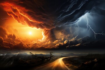 lightning mixed landscape producing dramatic media a countryside illustration powerful twisting tornado sunset sheet storm
