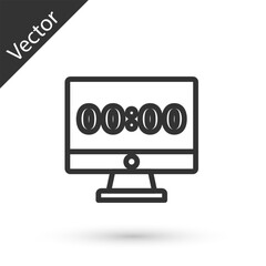 Grey line Clock on computer monitor screen icon isolated on white background. Schedule concepts. Vector