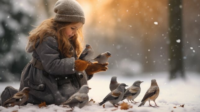 A little girl feeding birds in the snow