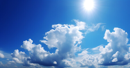 Naklejka na ściany i meble Beautiful blue sky with clouds on a sunny day. Generative AI.