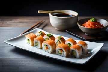 A plate of vibrant vegetable sushi rolls, made with fresh ingredients and served with soy sauce 