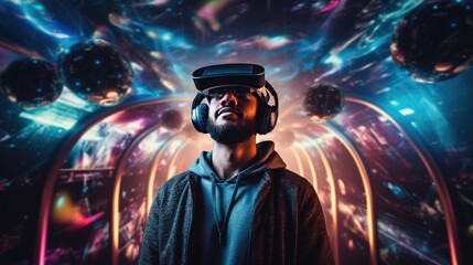 Naklejka premium Young man wearing virtual reality goggles. Future technology and entertainment concept, artificial intelligence concept