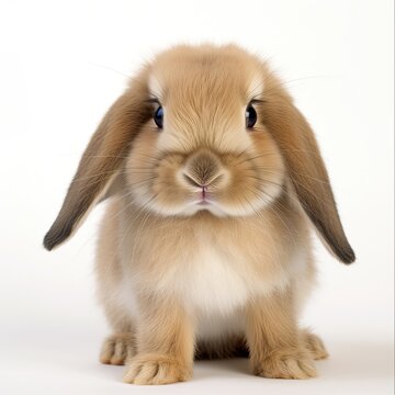 Adorable Baby Holland Lop Rabbit on Clean White Background - Cream and Brown Domestic Animal Cute as a Button