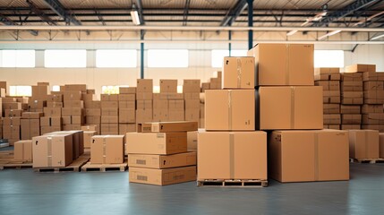 Boxes in Warehouse with Copy Space. Cardboard Boxes Stacked in Logistic Background for Delivery and Transportation
