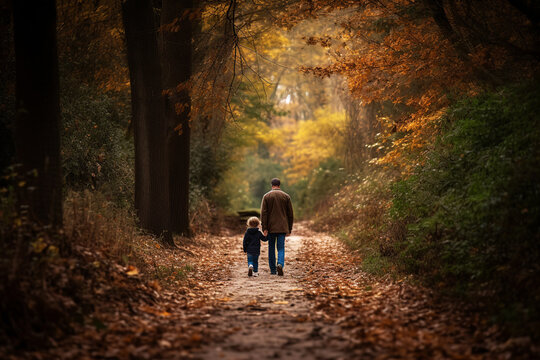 father and son walking on a trail in the woods. Generative AI.