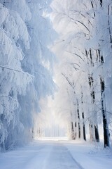 Icy Driveway in Winter. Serene Landscape of Snowy Forest Path Covered in Frost and Ice