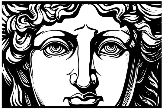 Сracked statue face of greek sculpture hand drawn engraving style sketch. Vector illustration. Image for print, tattoo, and your design.