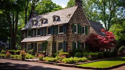 Fototapeta na wymiar Springtime Dutch Colonial Farmhouse: The Beautiful Van Rypen House in Oakland, NJ, a Fine Example of Historic Colonial Architecture