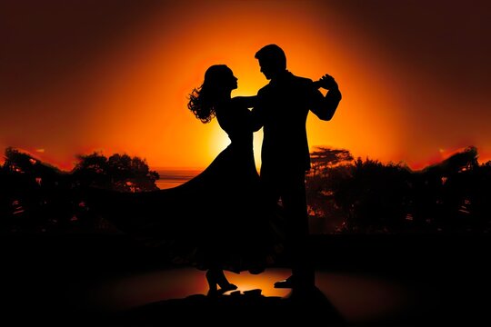 Sensual Tango Silhouette of Ballroom Dancers in Full Length, Backlit Isolated Couple Dancing Salsa and Latino Dance Styles