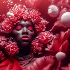 Woman Submerged in Floral Petals Concept Fashion & Beauty Art · Creative Makeup