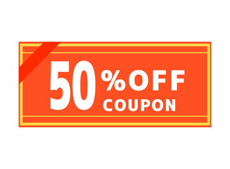 赤い50%オフクーポン　黄色いラインと赤のリボン1本