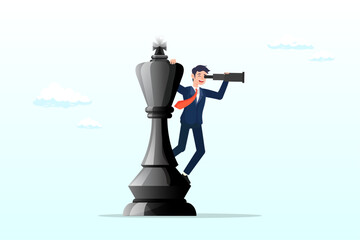 Business man leader standing on king chess piece using telescope to see business vision, business planning strategy, leadership vision to make decision, management or business opportunity (Vector)