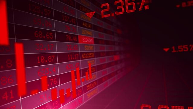 Stock market animation stock chart falling down business global money bankruptcy concept, Decreasing trend red background showing losses and performance, failure due to economic debt and crisis.
