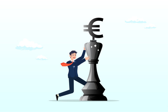 Businessman investor pushing chess king with euro money sign on top to earn profit, investment strategy, financial planning or marketing and pricing strategy (Vector)