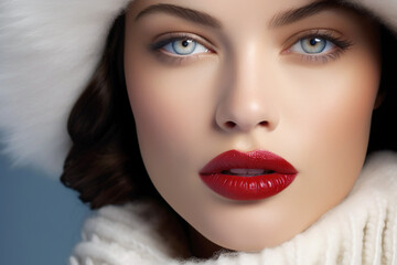 Retro-inspired winter glamour captured in a stylish portrait. Luxurious winter fashion featuring a red lipstick and cozy fur accessories.