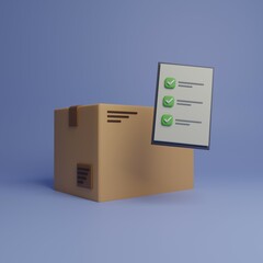 Obraz premium Delivery carton box 3d illustration on a blue background with checklist