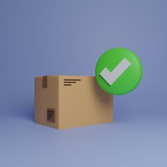 Fototapeta premium Delivery carton box 3d illustration on a blue background with green check mark
