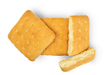 Several square cookies stacked on top of each other and one broken in half. Isolation on a transparent background.