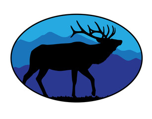 Bull Elk Silhouette with Mountains