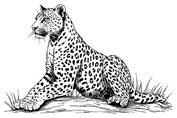 Black and white hand drawn ink sketch of sitting leopard. Vector illustration. - obrazy, fototapety, plakaty