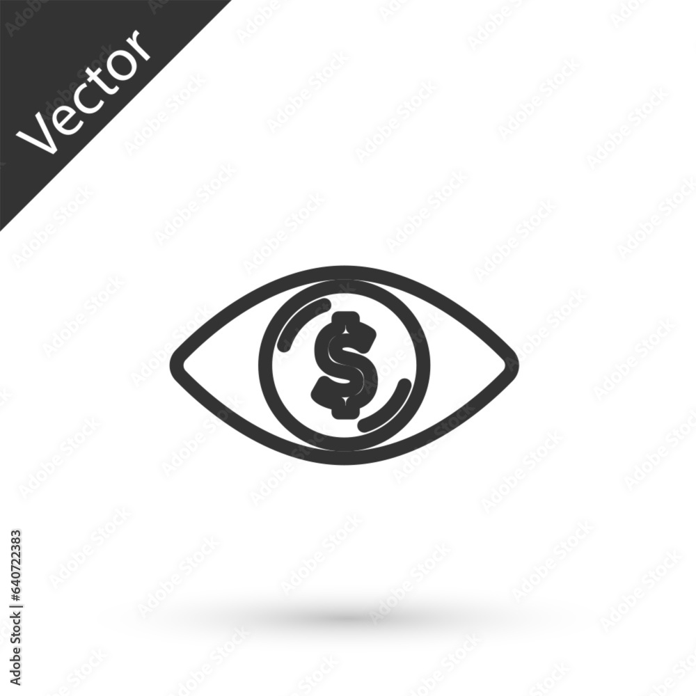 Sticker Grey line Eye with dollar icon isolated on white background. Vector