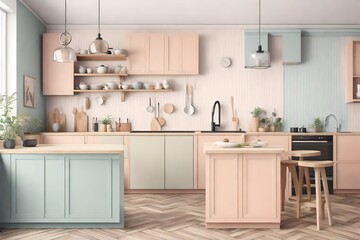 Fototapeta na wymiar Pastel coloured of a kitchen interior 