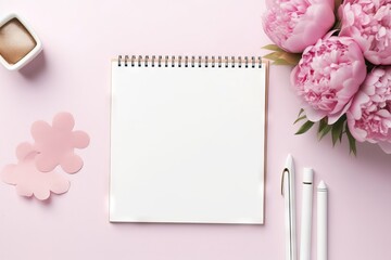 supplies peonies pink top open workspace white feminine office view background notepad stylish keyboard blank writing desk - obrazy, fototapety, plakaty