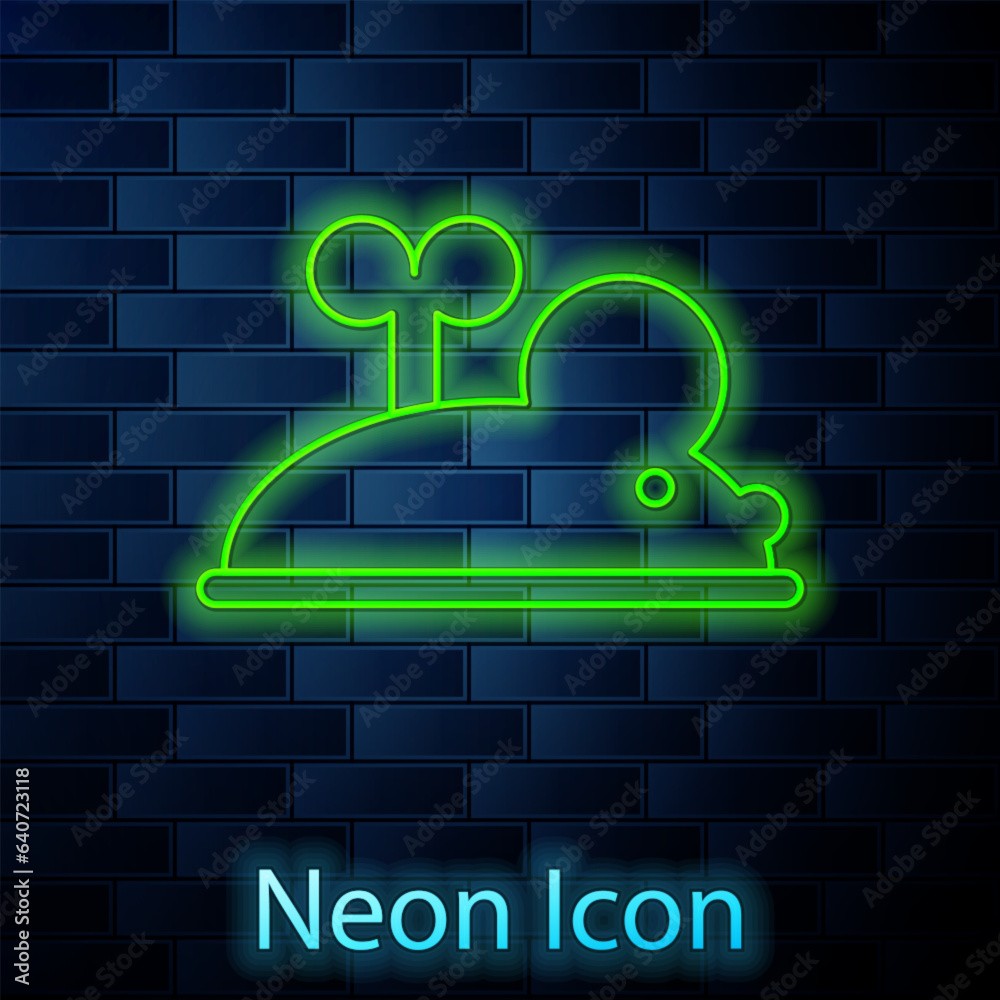 Sticker Glowing neon line Clockwork mouse icon isolated on brick wall background. Wind up mouse toy. Vector