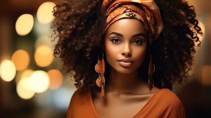 Fototapeta premium Portrait of beautiful African American woman with brunette curly haired with dark skin and smile.