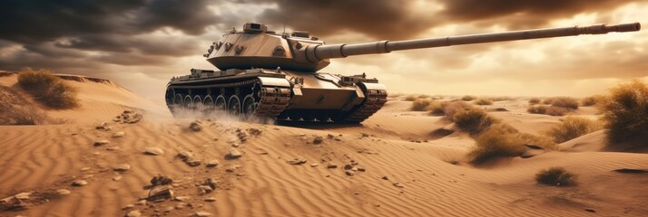 Desert combat with a battle tank that supports the army on the advance for tactical war.