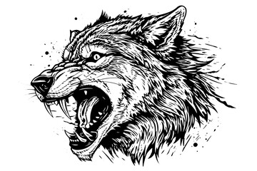 Angry wolf head hand drawn ink sketch. Engraving vintage style vector illustration. Design for logotype, mascot, print. - obrazy, fototapety, plakaty