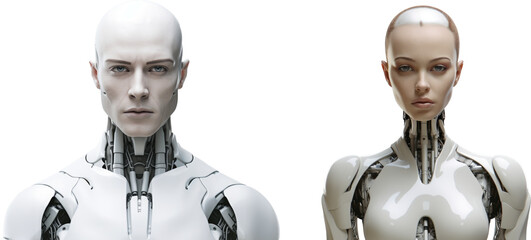 A male and female cyborg robot isolated on a white background