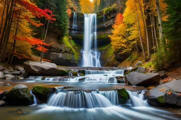 Fototapeta premium an image of a towering waterfall surrounded by vibrant autumn foliage
