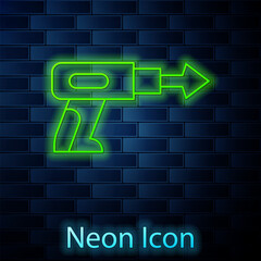 Glowing neon line Fishing harpoon icon isolated on brick wall background. Fishery manufacturers for catching fish under water. Diving underwater equipment. Vector