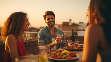 Group of young people having fun drinking red wine on balcony rooftop bbq dinner party - Happy multiracial friends eating barbecue food at restaurant terrace - Food and drink life style concept 
