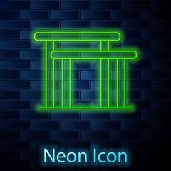 Glowing neon line Gymnastics equipment uneven bars icon isolated on brick wall background. Vector