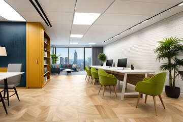 A creative office interior, thoughtfully designed with vibrant colors, flexible spaces, and inspiring decoration 