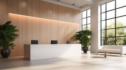 Interior design of a modern elegance office building hall with reception desk.