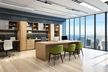 A creative office interior, thoughtfully designed with vibrant colors, flexible spaces, and inspiring decoration 