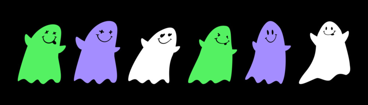 Cute Hand Drawn Halloween Vector Card with Little Happy Ghosts. White, Neon Green and Violet Y2K Style Ghosts Isolated on a Black Background. Lovely Halloween Illustration. RGB Colors. No Text.