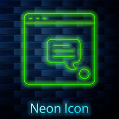 Glowing neon line New chat messages notification icon isolated on brick wall background. Smartphone chatting sms messages speech bubbles. Vector