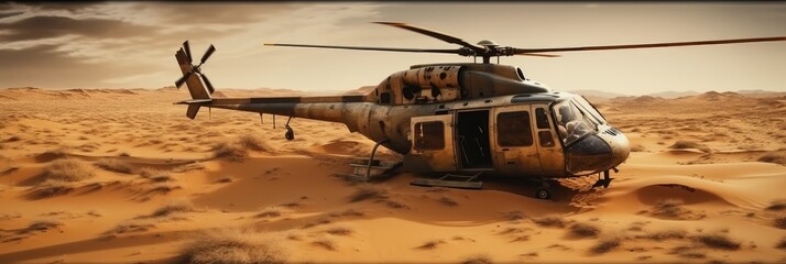 Crashed military helicopter in the middle of the desert for warfare aftermath or mission failure.